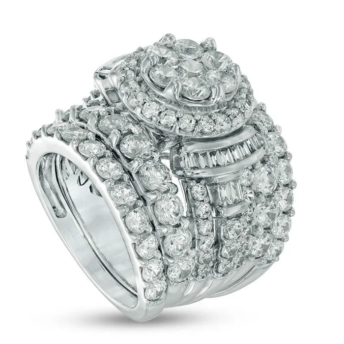 Goldia Rings 6 CT TW Composite Natural Diamond Frame Collared Three Piece Bridal Engagement Ring Set in Solid 14K White Gold