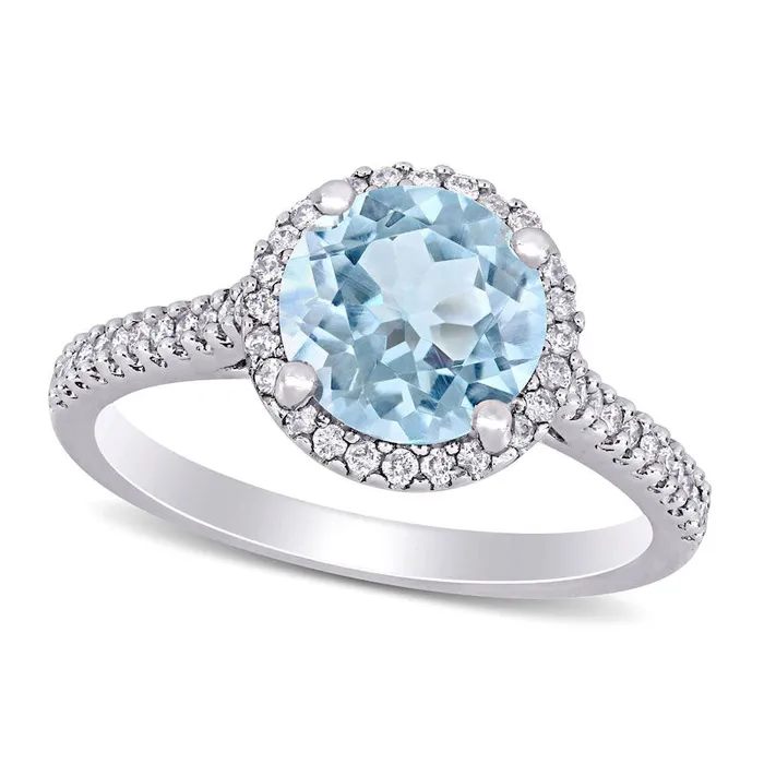 Goldia Rings 80mm Aquamarine and 025 CT TW Natural Diamond Frame Engagement Ring in Solid 14K White Gold