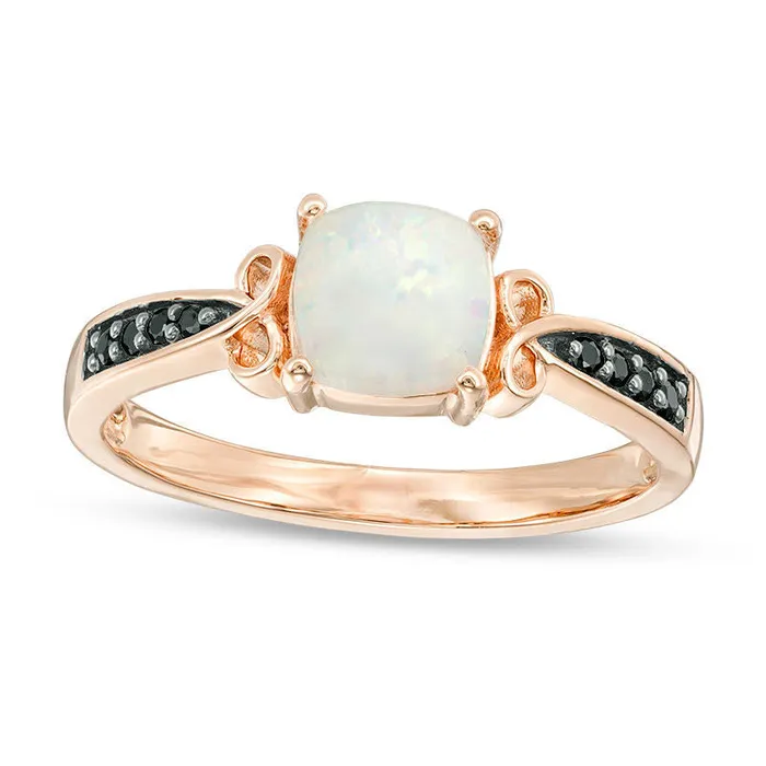 Goldia Rings CushionCut LabCreated Opal and 005 CT TW Enhanced Black Diamond CrissCross Loop Promise Ring in Solid 10K Rose Gold