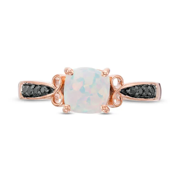 Goldia Rings CushionCut LabCreated Opal and 005 CT TW Enhanced Black Diamond CrissCross Loop Promise Ring in Solid 10K Rose Gold