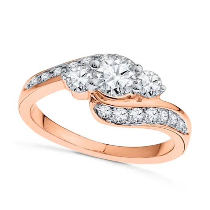 Goldia Rings LabCreated White Sapphire Three Stone Bypass Engagement Ring in Solid 10K Rose Gold