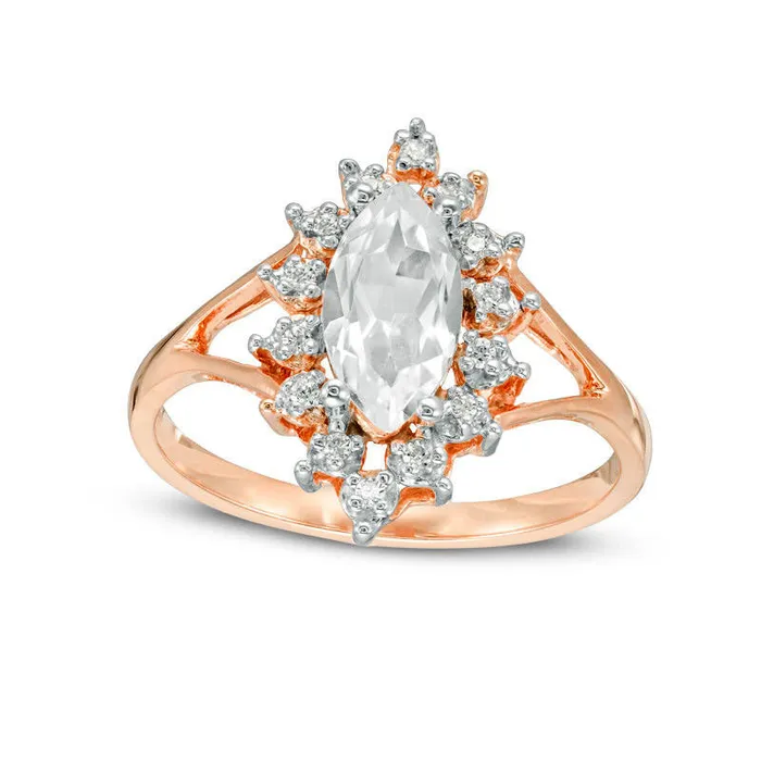 Goldia Rings Marquise LabCreated White Sapphire and 007 CT TW Diamond Sunburst Frame Engagement Ring in Solid 10K Rose Gold