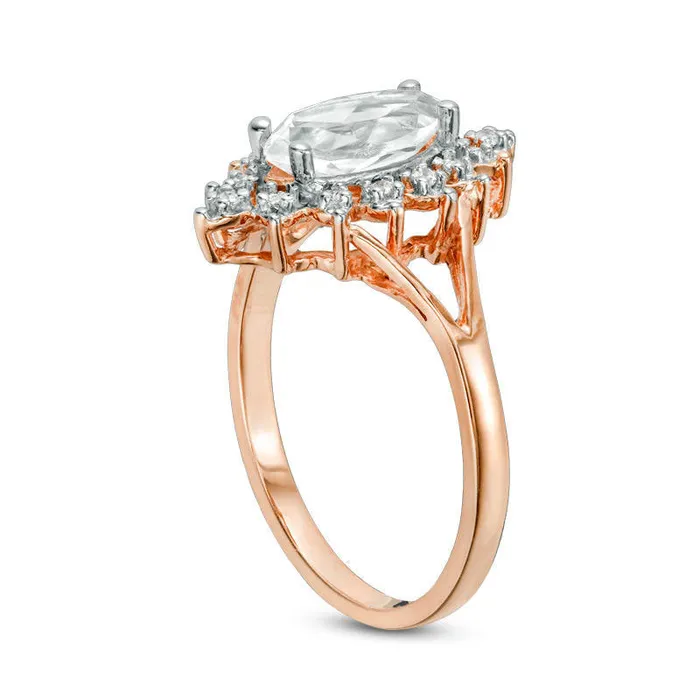 Goldia Rings Marquise LabCreated White Sapphire and 007 CT TW Diamond Sunburst Frame Engagement Ring in Solid 10K Rose Gold