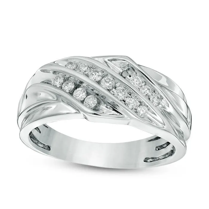 Goldia Rings Mens 038 CT TW Natural Diamond Slanted Three Row Ring in Solid 10K White Gold