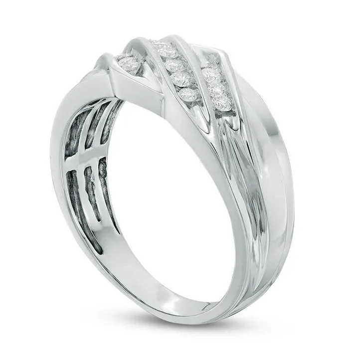 Goldia Rings Mens 038 CT TW Natural Diamond Slanted Three Row Ring in Solid 10K White Gold