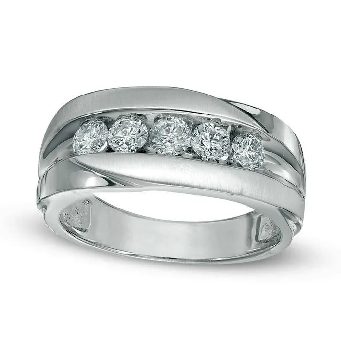 Goldia Rings Mens 10 CT TW Natural Diamond Five Stone Satin Wedding Band in Solid 14K White Gold