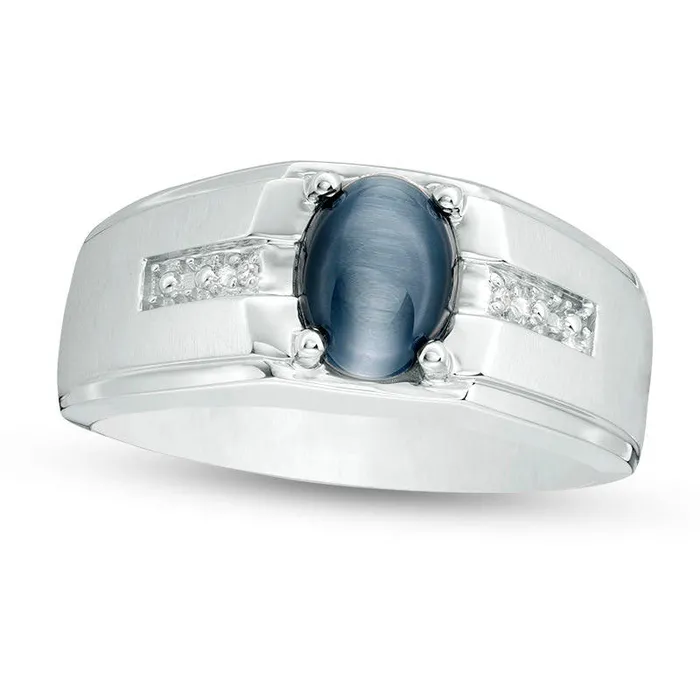 Goldia Rings Mens Oval Simulated Cats Eye and Natural Diamond Accent MultiFinish Ring in Solid 10K White Gold