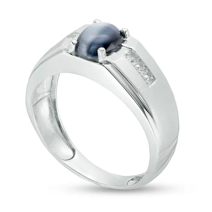 Goldia Rings Mens Oval Simulated Cats Eye and Natural Diamond Accent MultiFinish Ring in Solid 10K White Gold