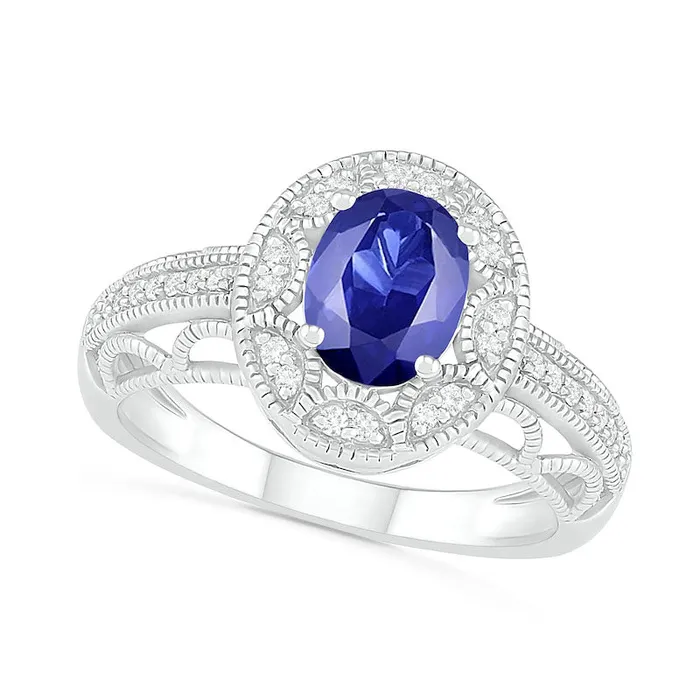 Goldia Rings Oval LabCreated Blue and White Sapphire Frame Scallop Border Shank Antique VintageStyle Ring in Sterling Silver