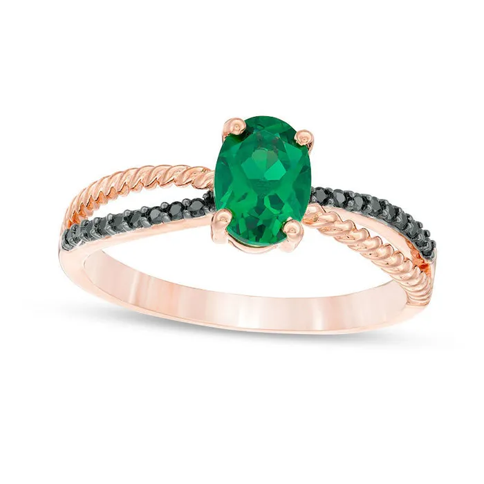 Goldia Rings Oval LabCreated Emerald and 007 CT TW Enhanced Black Diamond Rope Crossover Shank Promise Ring in Solid 10K Rose Gold