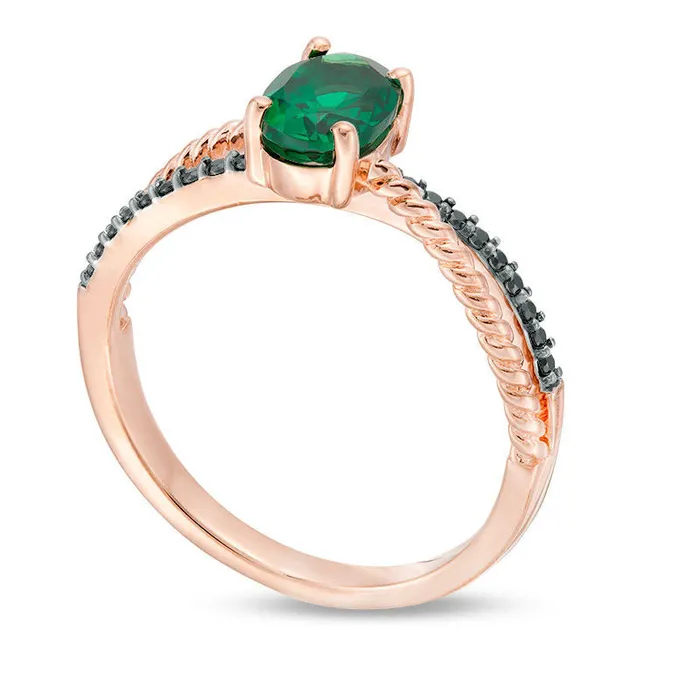 Goldia Rings Oval LabCreated Emerald and 007 CT TW Enhanced Black Diamond Rope Crossover Shank Promise Ring in Solid 10K Rose Gold