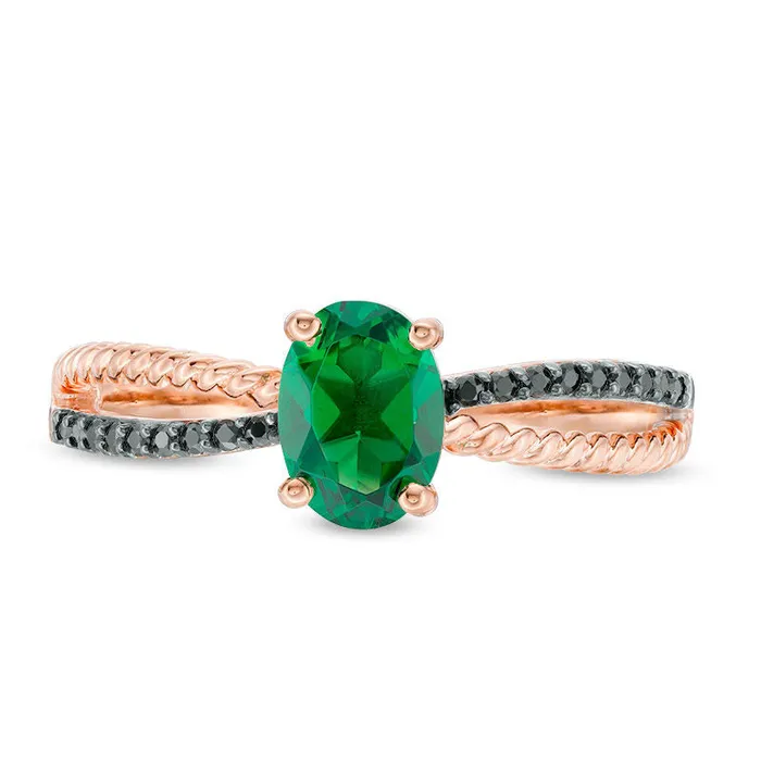 Goldia Rings Oval LabCreated Emerald and 007 CT TW Enhanced Black Diamond Rope Crossover Shank Promise Ring in Solid 10K Rose Gold