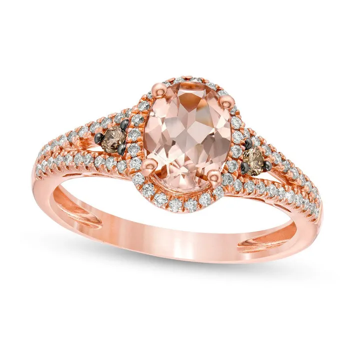 Goldia Rings Oval Morganite and 025 CT TW Champagne and White Natural Diamond Frame Split Shank Ring in Solid 14K Rose Gold