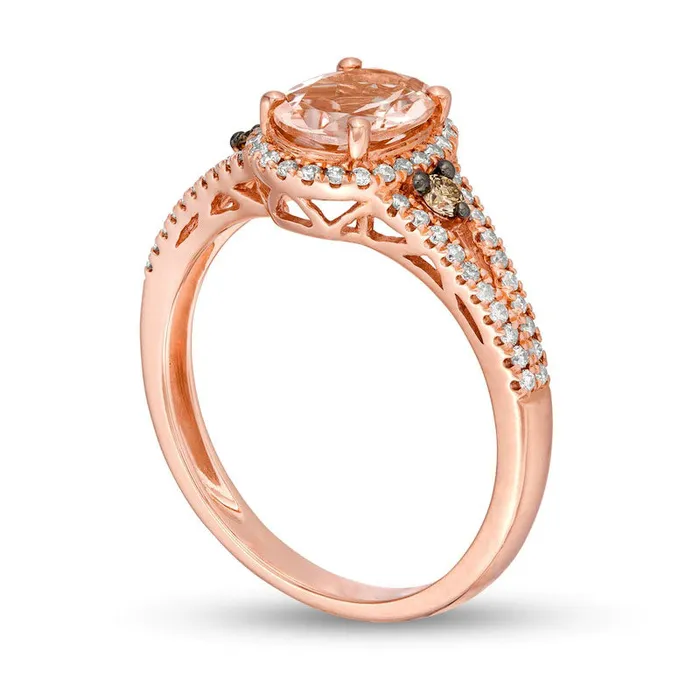 Goldia Rings Oval Morganite and 025 CT TW Champagne and White Natural Diamond Frame Split Shank Ring in Solid 14K Rose Gold