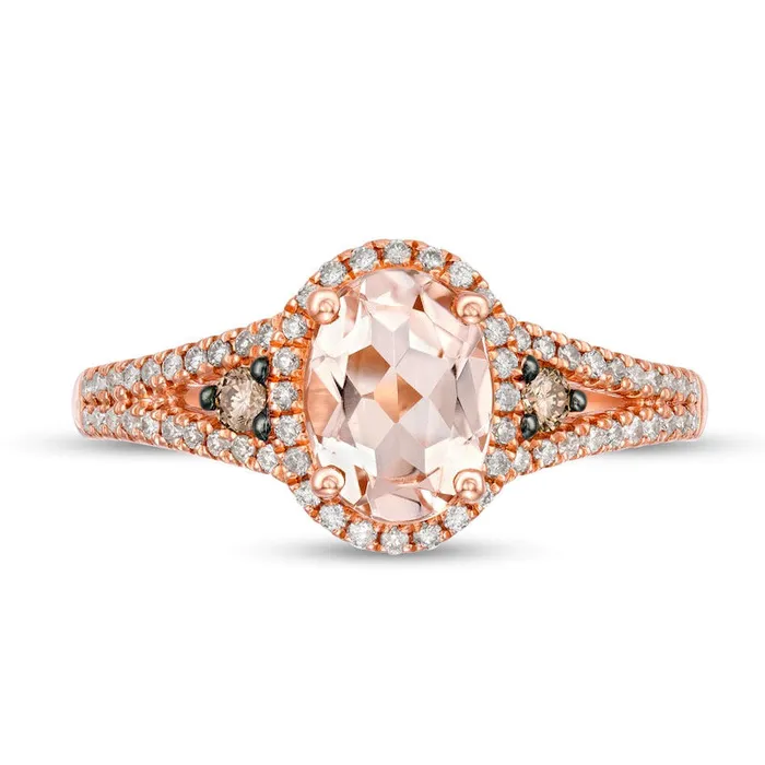 Goldia Rings Oval Morganite and 025 CT TW Champagne and White Natural Diamond Frame Split Shank Ring in Solid 14K Rose Gold
