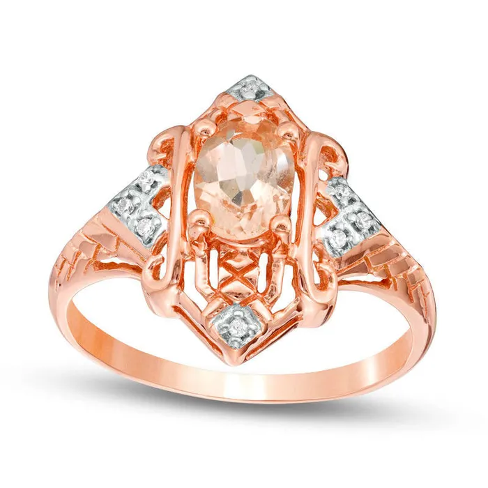 Goldia Rings Oval Morganite and White Sapphire Art Deco Frame Ring in Solid 10K Rose Gold