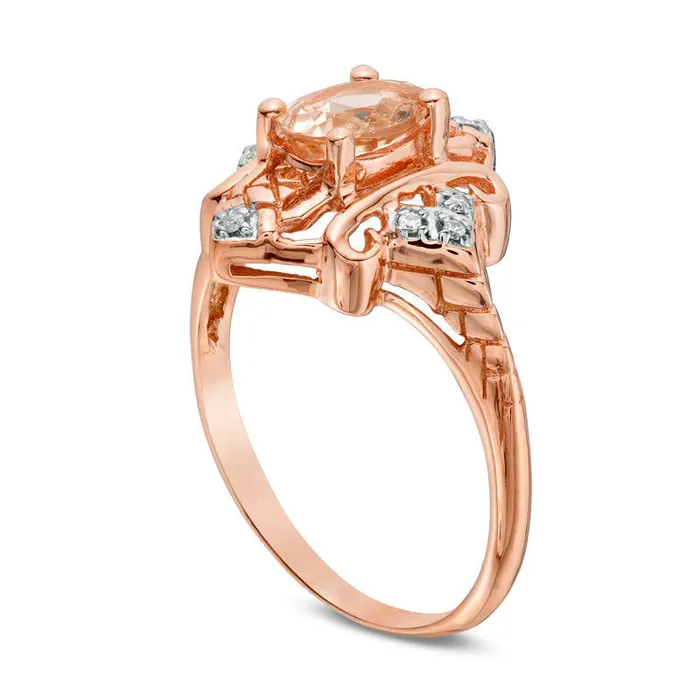 Goldia Rings Oval Morganite and White Sapphire Art Deco Frame Ring in Solid 10K Rose Gold