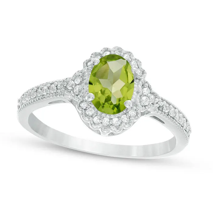 Goldia Rings Oval Peridot and 013 CT TW Natural Diamond Frame Antique VintageStyle Ring in Solid 10K White Gold
