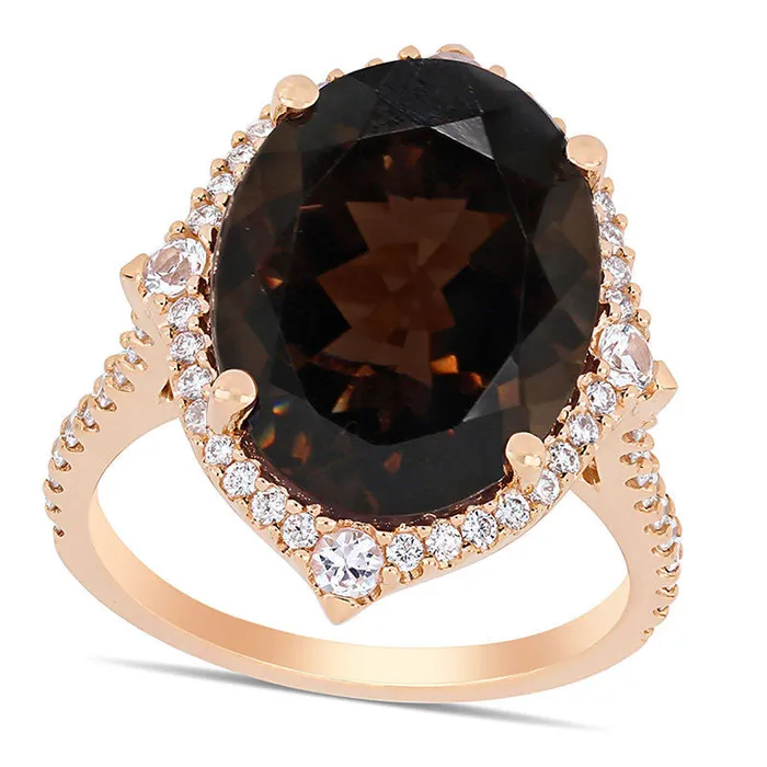 Goldia Rings Oval Smoky Quartz White Sapphire and 038 CT TW Natural Diamond Art Deco Frame Ring in Solid 14K Rose Gold
