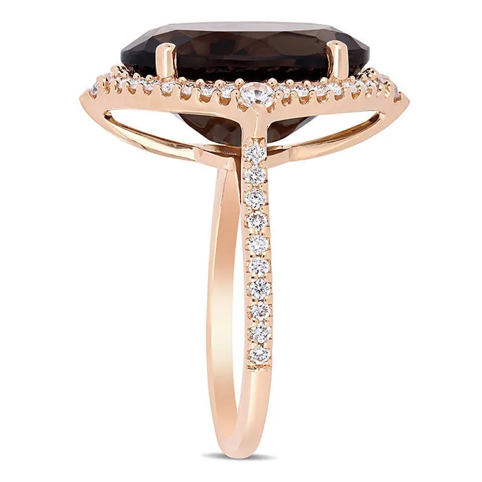 Goldia Rings Oval Smoky Quartz White Sapphire and 038 CT TW Natural Diamond Art Deco Frame Ring in Solid 14K Rose Gold