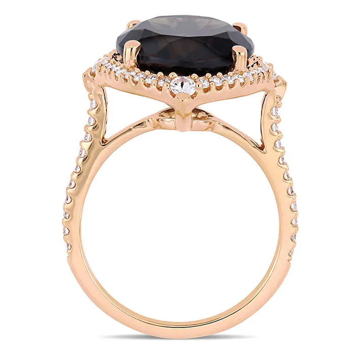 Goldia Rings Oval Smoky Quartz White Sapphire and 038 CT TW Natural Diamond Art Deco Frame Ring in Solid 14K Rose Gold