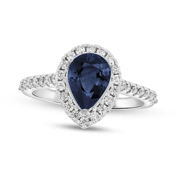 Goldia Rings PearShaped Blue Sapphire and 038 CT TW Natural Diamond Frame Ring in Solid 14K White Gold