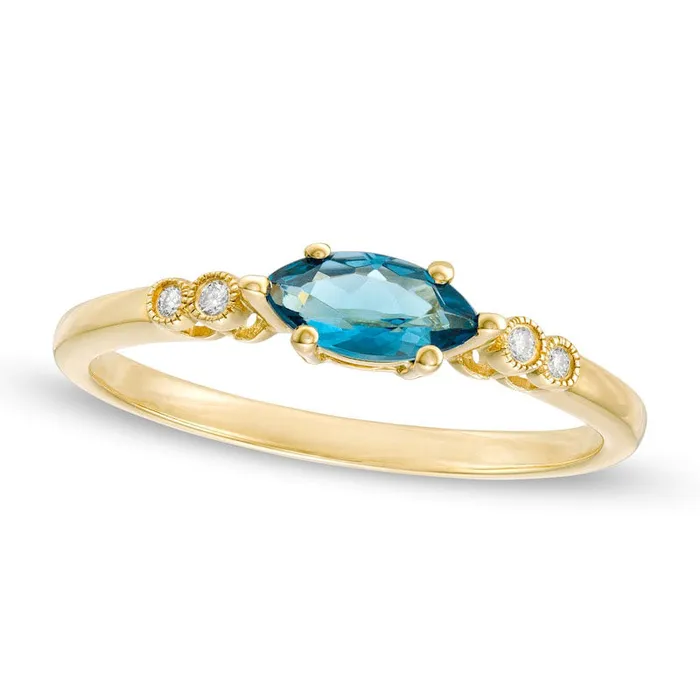 Goldia Rings Sideways Marquise London Blue Topaz and and Natural Diamond Accent BezelSet Art Deco Ring in Solid 14K Gold