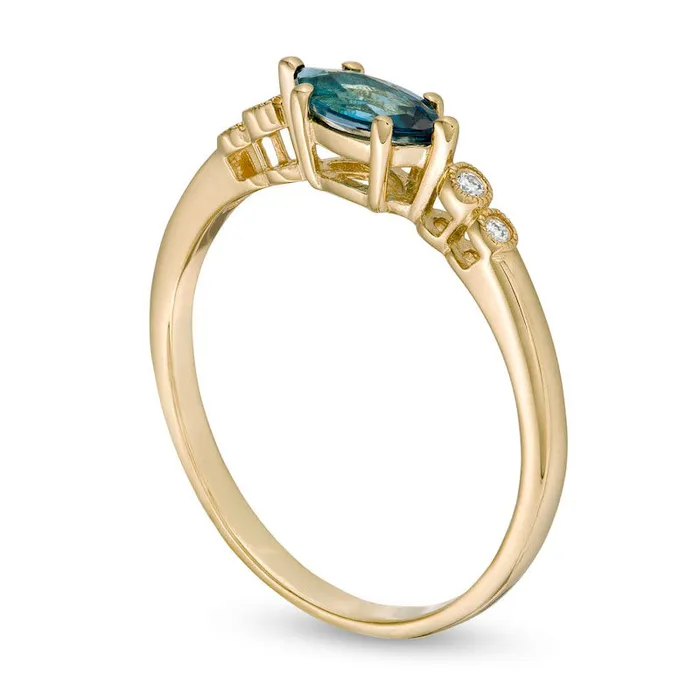 Goldia Rings Sideways Marquise London Blue Topaz and and Natural Diamond Accent BezelSet Art Deco Ring in Solid 14K Gold