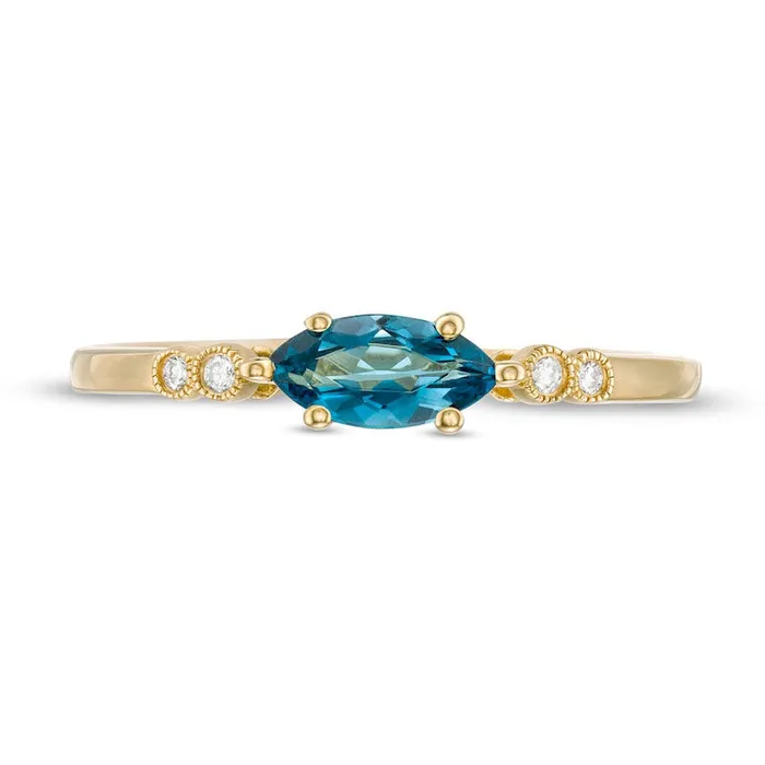 Goldia Rings Sideways Marquise London Blue Topaz and and Natural Diamond Accent BezelSet Art Deco Ring in Solid 14K Gold