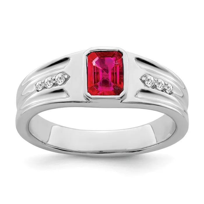 Goldia Rings Solid 14k White Gold Simulated Ruby and CZ Mens Ring