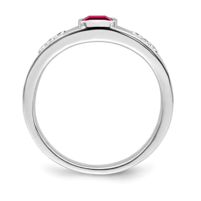 Goldia Rings Solid 14k White Gold Simulated Ruby and CZ Mens Ring
