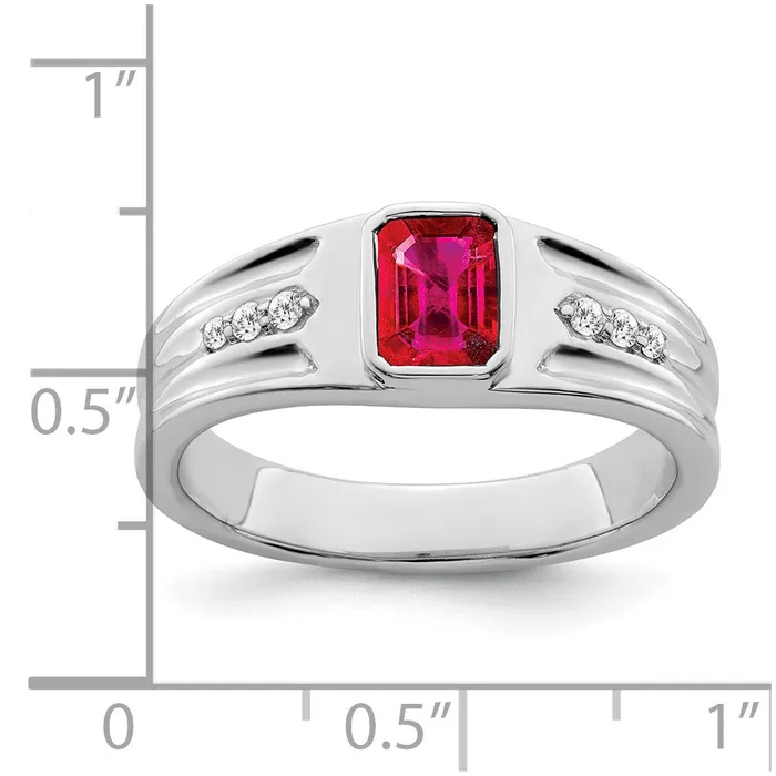 Goldia Rings Solid 14k White Gold Simulated Ruby and CZ Mens Ring