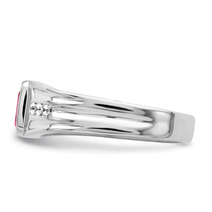 Goldia Rings Solid 14k White Gold Simulated Ruby and CZ Mens Ring