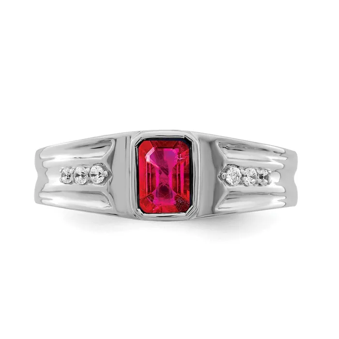 Goldia Rings Solid 14k White Gold Simulated Ruby and CZ Mens Ring