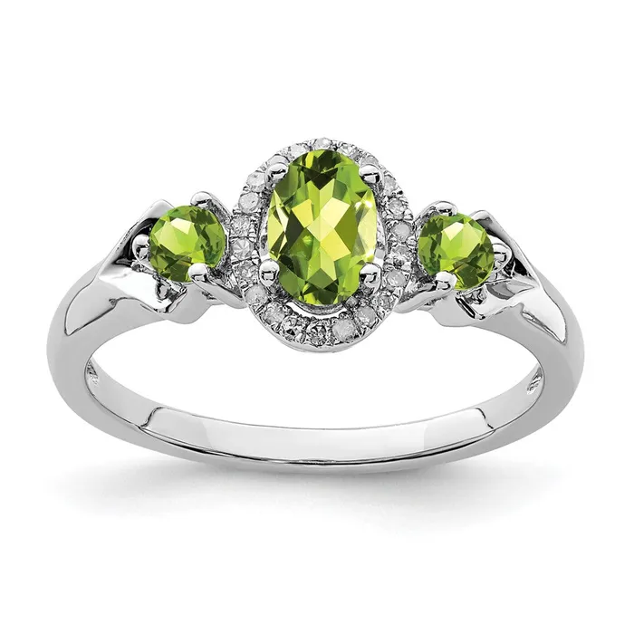 Goldia Rings Sterling Silver Rhodium 3 Stone Peridot and Diamond Ring