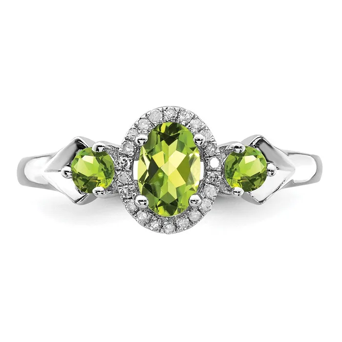 Goldia Rings Sterling Silver Rhodium 3 Stone Peridot and Diamond Ring