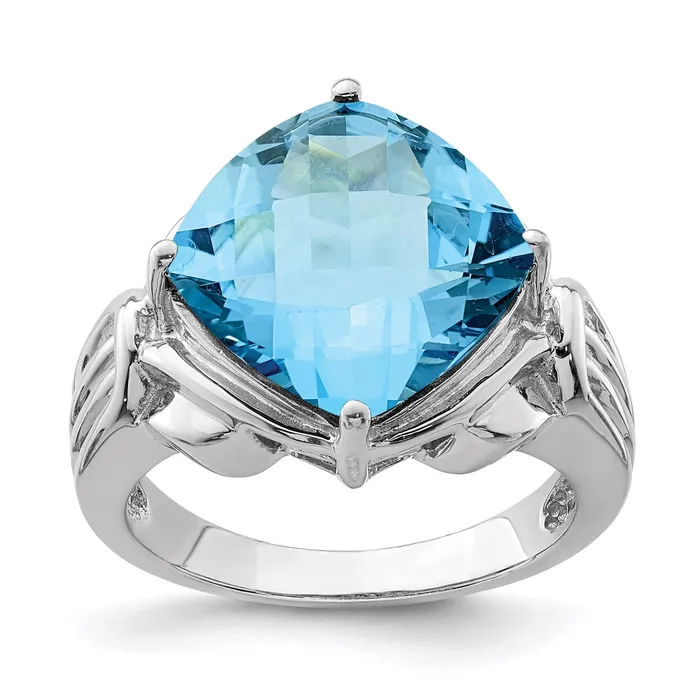 Goldia Rings Sterling Silver Rhodium CheckerCut Blue Topaz Gemstone Birthstone Ring Fine Jewelry Gift for Her