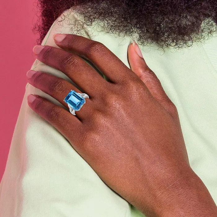 Goldia Rings Sterling Silver Rhodium CheckerCut Blue Topaz Ring