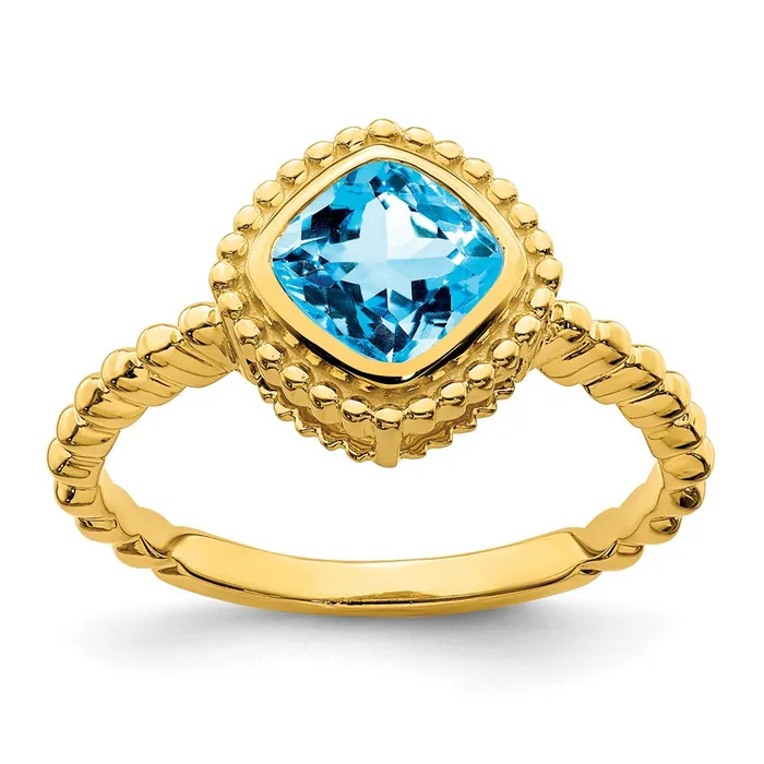 Goldia Solid 14k Yellow Gold Cushion Simulated Blue Topaz Ring Rings