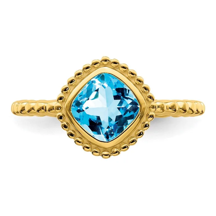 Goldia Solid 14k Yellow Gold Cushion Simulated Blue Topaz Ring Rings