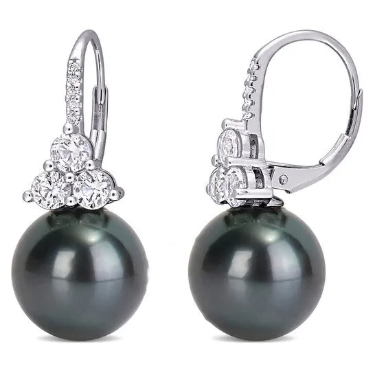 JMS always Earrings Original AMOUR 11 12 Mm Black Tahitian Cultured Pearl 1 38 CT TGW Created Sapphire and Diamond Accent Leverback Earrings In 10K White Gold JMS always Earrings Original AMOUR 11 12 Mm Black Tahitian Cultured Pearl 1 38 CT TGW Created Sapphire and Diamond Accent Leverback Earrings In 10K White Gold