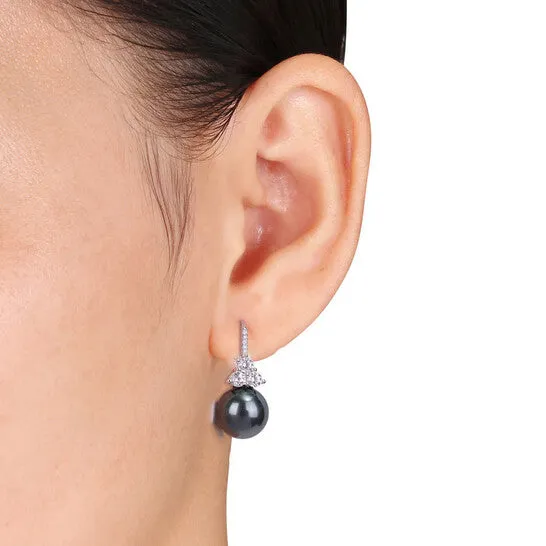 JMS always Earrings Original AMOUR 11 12 Mm Black Tahitian Cultured Pearl 1 38 CT TGW Created Sapphire and Diamond Accent Leverback Earrings In 10K White Gold JMS always Earrings Original AMOUR 11 12 Mm Black Tahitian Cultured Pearl 1 38 CT TGW Created Sapphire and Diamond Accent Leverback Earrings In 10K White Gold