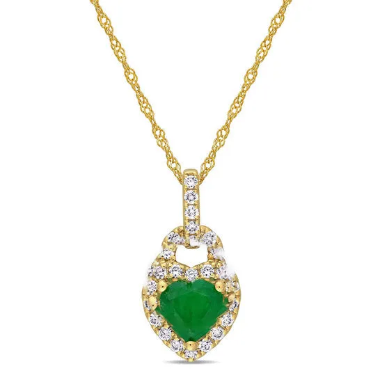 JMS always Necklaces Original AMOUR 58 CT TGW Emerald and 14 CT TW Diamond Halo Heart Pendant with Chain In 14K Yellow Gold
