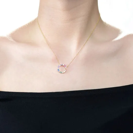 JMS always Necklaces Original Megan Walford Gold Over Sterling Silver Rainbow Cubic Zirconia Circle Pendant Necklace