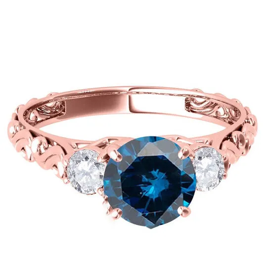 JMS always Original Maulijewels 18K Solid Rose Gold 105 Carat Blue White Diamond Three Stone Engagement Ring For Women Rings JMS always Original Maulijewels 18K Solid Rose Gold 105 Carat Blue White Diamond Three Stone Engagement Ring For Women Rings