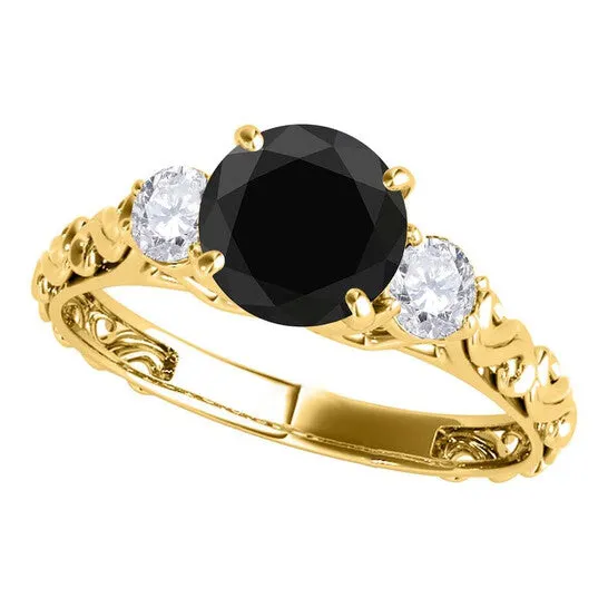 JMS always Rings Original Maulijewels 105 Carat Black White Diamond Three Stone Engagement Ring For Women In 18K Solid Yellow Gold