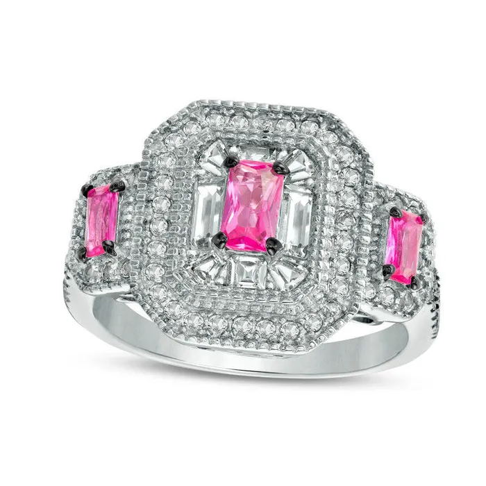 LabCreated Pink and White Sapphire Three Stone Frame Ring in Sterling Silver Goldia Rings