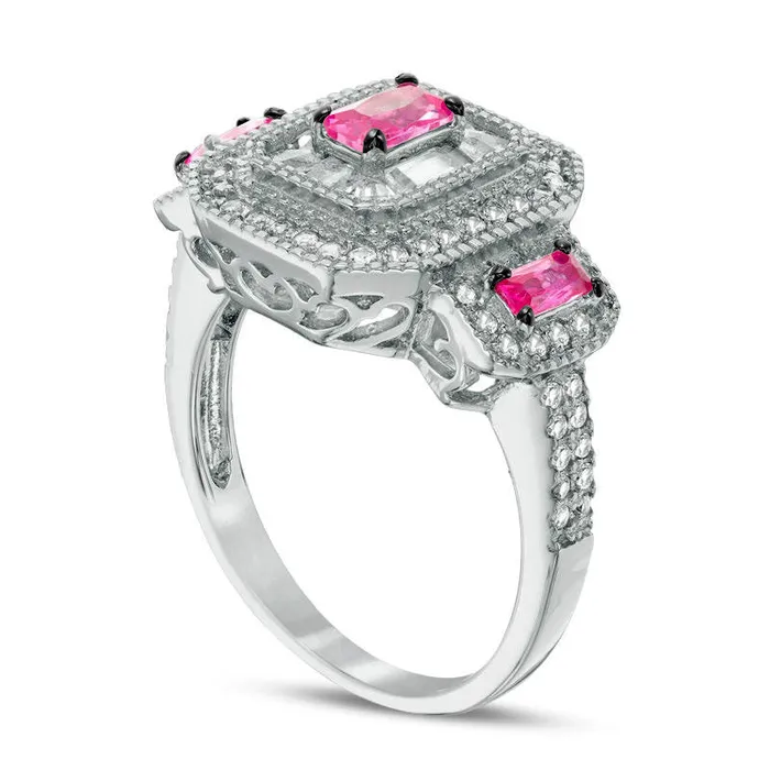 LabCreated Pink and White Sapphire Three Stone Frame Ring in Sterling Silver Goldia Rings