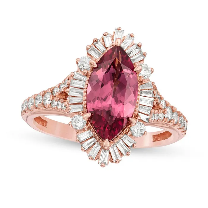 Marquise Rhodolite and 063 CT TW Natural Diamond Sunburst Frame Ring in Solid 10K Rose Gold Goldia Rings