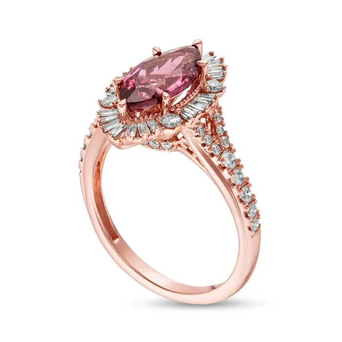 Marquise Rhodolite and 063 CT TW Natural Diamond Sunburst Frame Ring in Solid 10K Rose Gold Goldia Rings